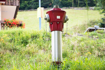 Fire hydrants with water hoses and fire extinguish equipment connections outside at outdoor