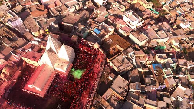 aerial view of Nandgaon temple and surrounding town during Holi festival
