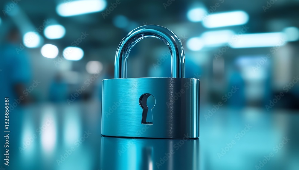 Poster healthcare data security symbolized by a metallic padlock displayed on a surface, highlighting the i