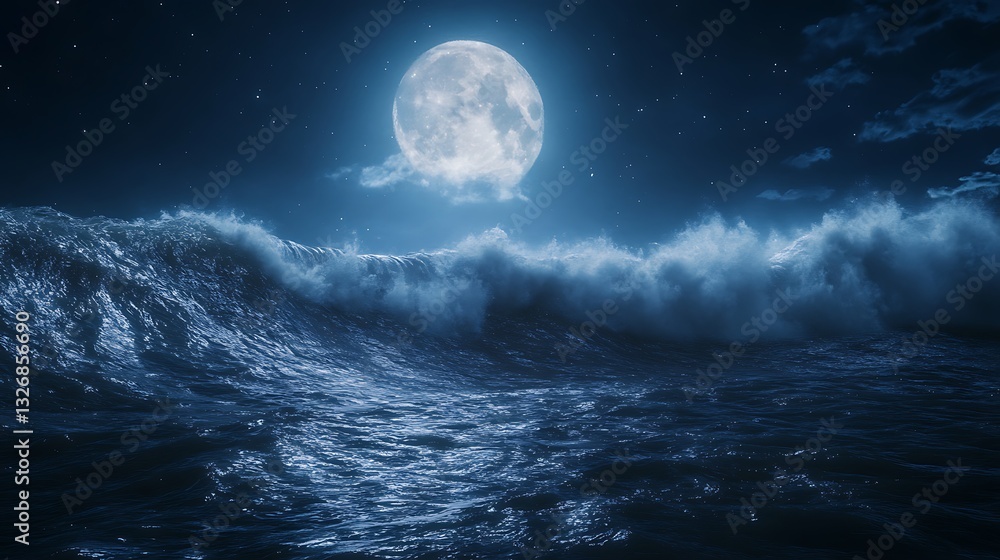 Poster moonlit ocean waves create a serene and mystical atmosphere at night.