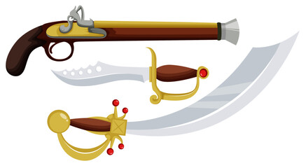 A detailed collection of classic weapon illustrations, including antique swords, muskets, axes, and medieval arms.