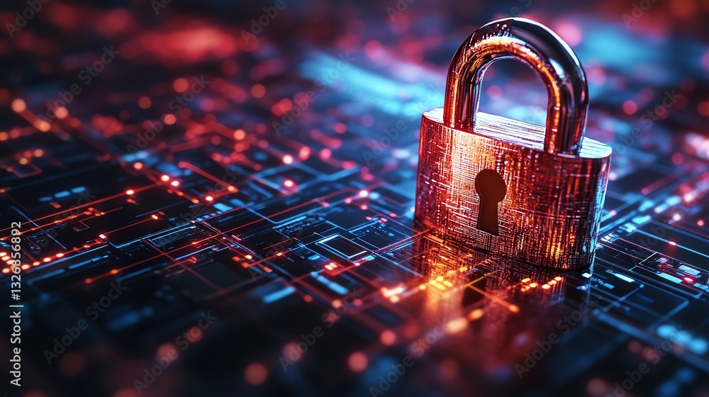 Poster healthcare data security concept with a metallic padlock displayed on a surface, emphasizing privacy