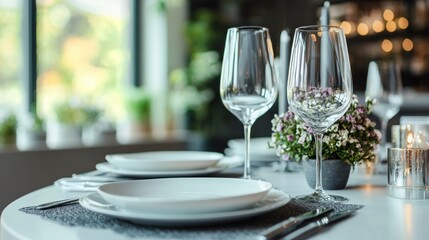Fototapeta premium Elegant table setting with wine glasses and floral centerpiece for a formal dining experience