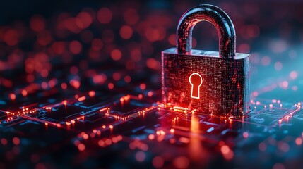 Healthcare data security concept with a metallic padlock displayed on a surface, emphasizing privacy protection against a digital background