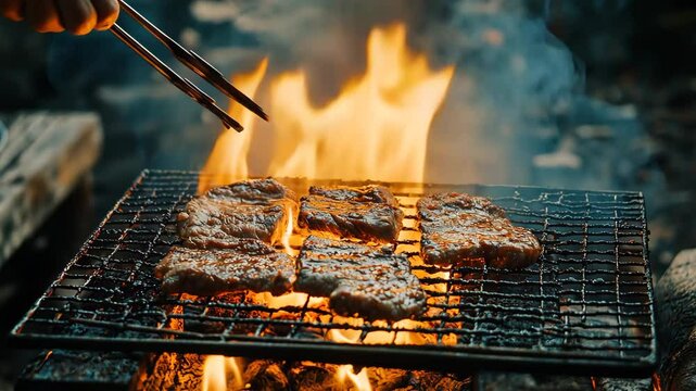 barbecue scene, grilling juicy steaks over open flames in outdoor setting, hot meat on fire	