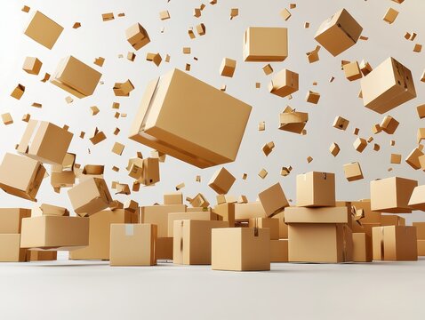 A chaotic scene of multiple boxes flying in the air symbolizing package drop deliveries and the unpredictability of logistics