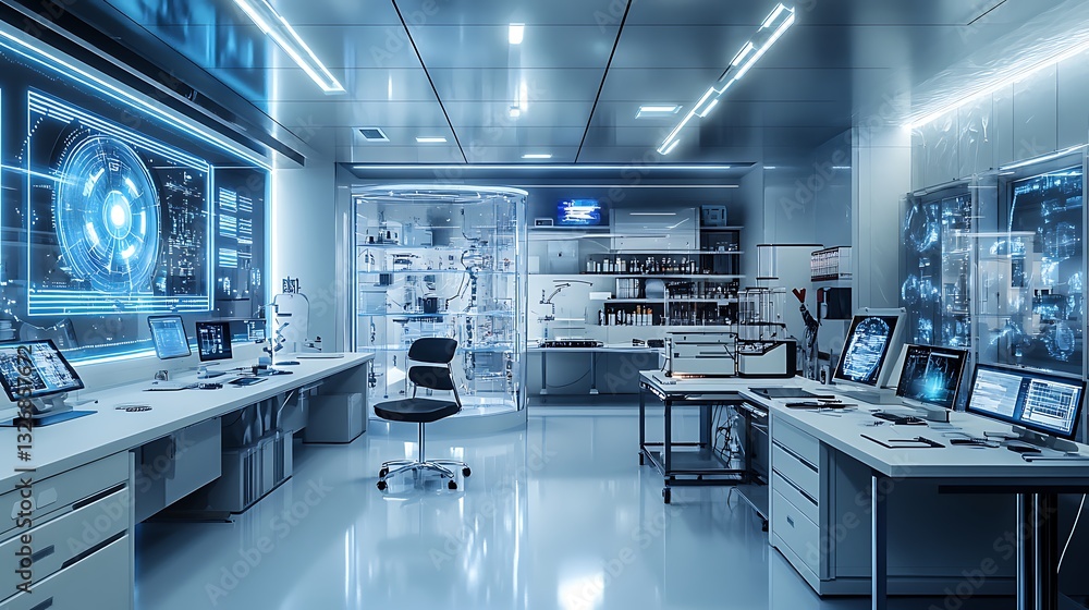 Poster clean modern physics lab with high-tech equipment and experiments.
