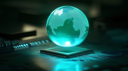 Glowing holographic globe emerging from a microchip in futuristic setting