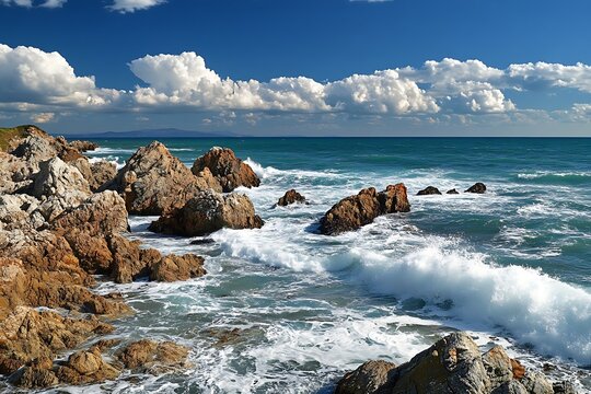 rocks and beach landscape glow with a resolute force as they firmly stand amid nonstop rush of crashing swells and unstopping tides  
