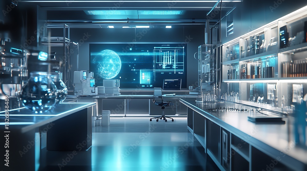 Poster clean modern physics lab with high-tech equipment and experiments.