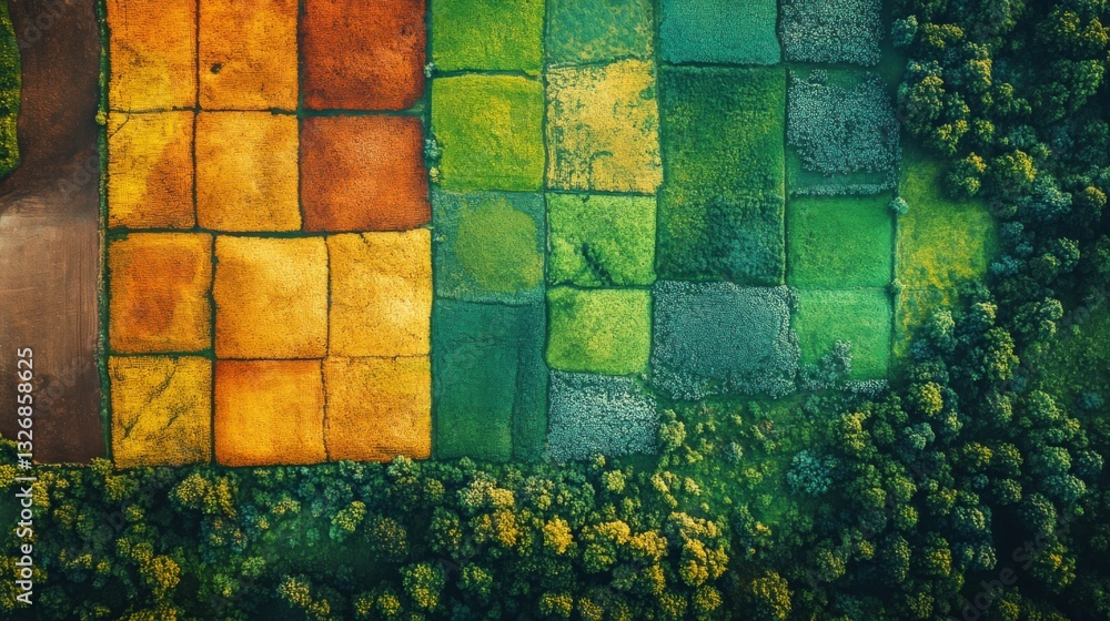 Poster Aerial view displays a mosaic of agricultural fields featuring various crop colors and patterns in a lush landscape surrounded by trees under clear skies.