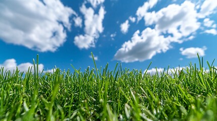 Obraz premium Vibrant Green Grass Under a Bright Blue Sky with Fluffy White Clouds