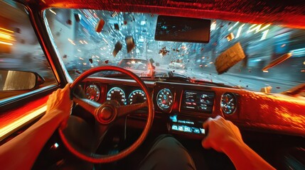 High-speed car chase perspective with first person view in a neon-lit urban environment