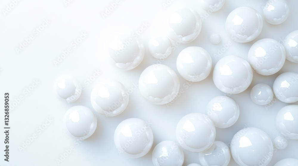 Poster a cluster of glossy white spheres, varied in size, is elegantly distributed on a soft light backgrou