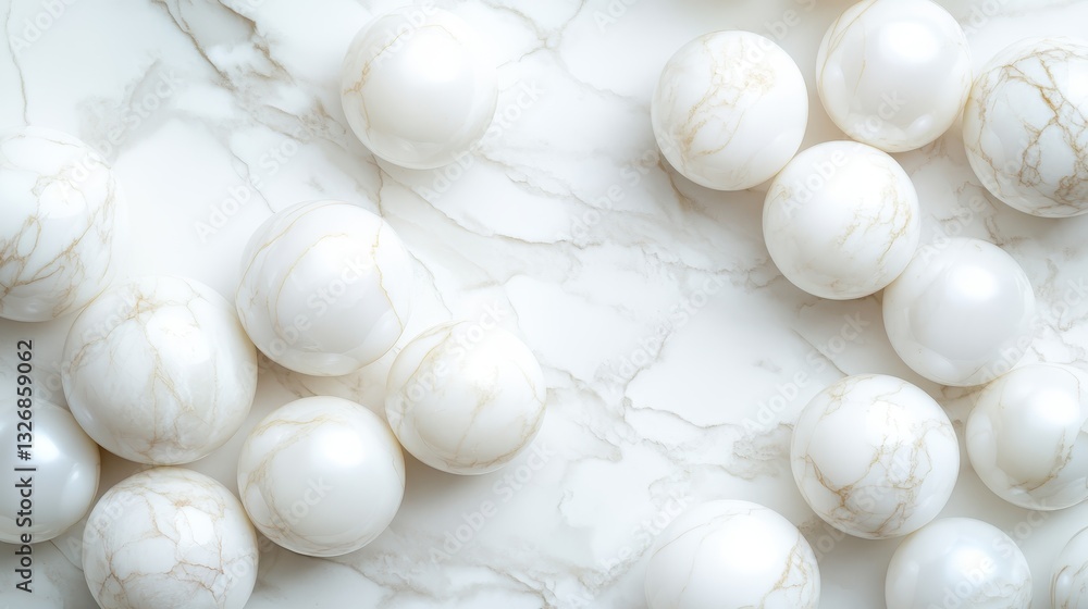 Poster an elegant display of glossy marbled white spheres arranged on a marble surface, presenting a captiv