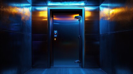 A metallic door stands in a room with textured walls lit by blue and gold lights