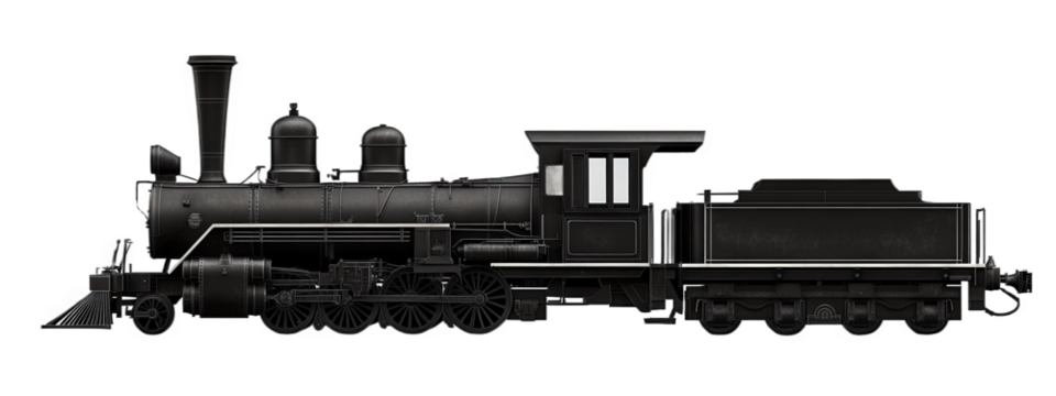 Vintage steam locomotive silhouette on transparency background, showcasing classic design and engineering. Perfect for transportation themes and historical contexts