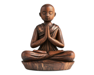 wooden sculpture of meditating monk with serene expression, symbolizing peace and tranquility. This handcrafted piece adds calming presence to any space