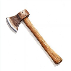 Rustic Watercolor Axe Painting with Wooden Handle on White Background