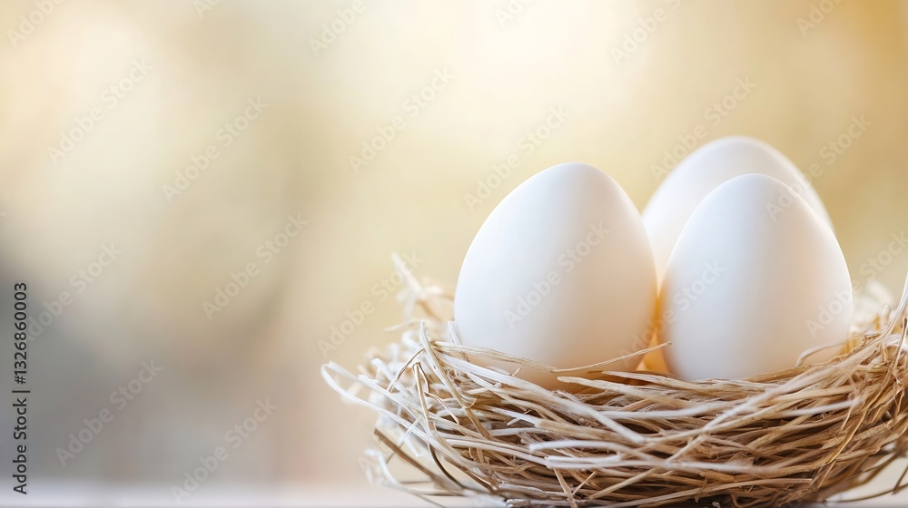 Poster elegant white eggs nestled safely in a delicate straw nest with a soft blurred background : generati