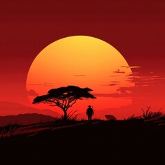 Fototapeta premium A solitary figure and dog silhouetted against an enormous sunset
