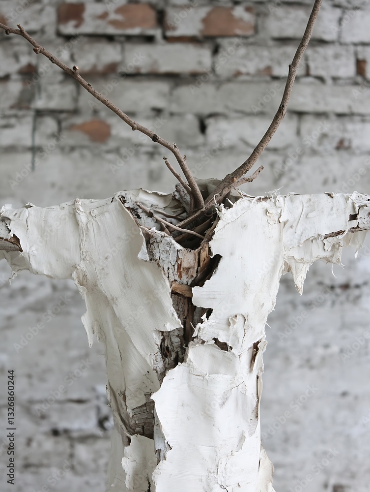 Leinwandbilder artistic sculpture made from tree branches and rustic materials against a textured wall background :