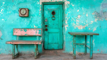 Weathered Teal Wall with Pink Bench and Old Door
