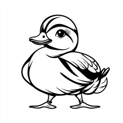 Obraz premium Adorable Mandarin Duckling, a charming black and white illustration showcasing its playful stance and cheerful expression.