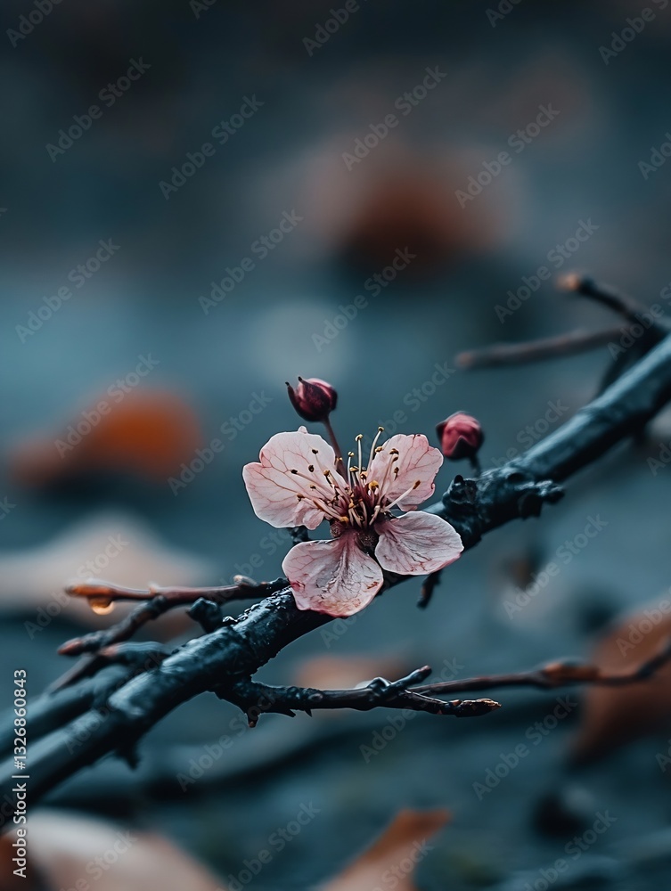 Poster delicate cherry blossom captured in soft focus on a branch with blurred background : generative ai