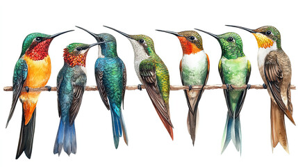 Colorful hummingbird illustration hand drawing isolated on white background. Tropical bird watercolor summer clipart.