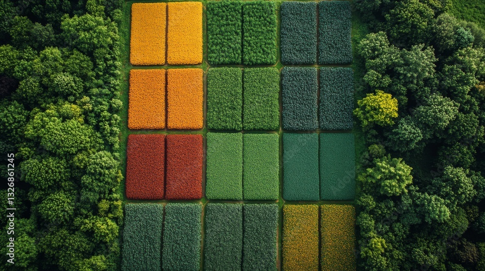 Poster an aerial view reveals distinct sections of crops arranged in vivid colors, surrounded by lush trees