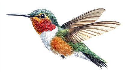 Obraz premium Colorful hummingbird illustration hand drawing isolated on white background. Tropical bird watercolor summer clipart.