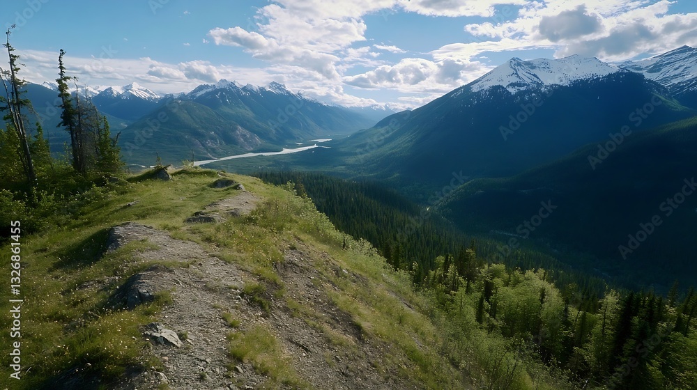 Poster stunning panoramic view of lush mountains under a bright sky filled with fluffy clouds and a serene 