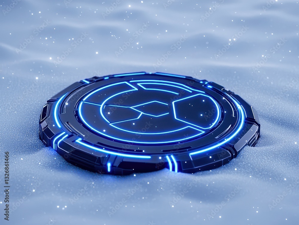 Aufkleber futuristic glowing circular object resting on a snowy surface with sparkles