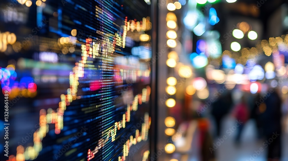 Poster vibrant city nightlife with abstract financial data displayed on digital screens showing market tren