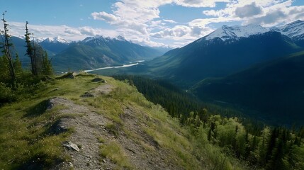 Fototapeta premium Stunning panoramic view of lush mountains under a bright sky filled with fluffy clouds and a serene river : Generative AI