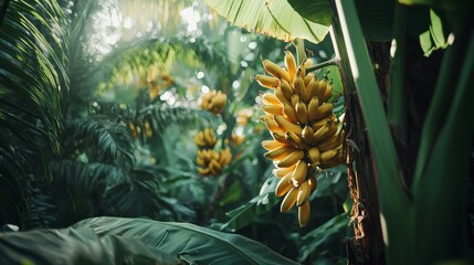 Fototapeta premium A lush banana tree with ripe yellow bananas hanging in clusters, surrounded by vibrant green leaves in a tropical setting