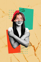 Exclusive image vertical photo collage of happy girl half face brown eyes blue color brunette...