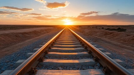 Obraz premium The railway tracks leading off into a stunning sunset, symbolizing journeys, adventures, and the emotional connections forged through travel and movement.