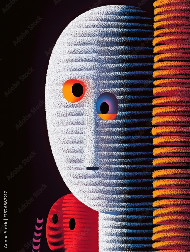 Poster abstract portrait of a unique character with layered textures, showcasing a blend of colors and emot