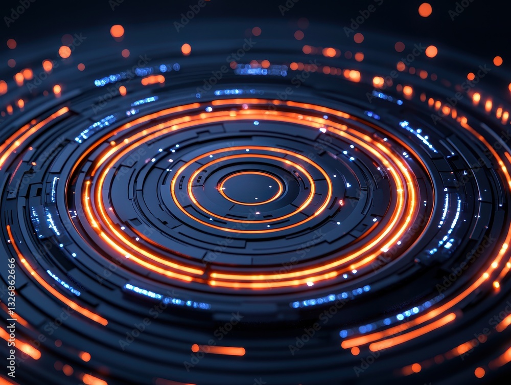 Poster abstract circular design with glowing orange and blue elements on dark background