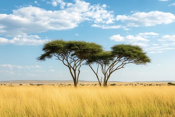 Obraz premium savanna land pulses with vigor displaying proud african acacia trees looming with rare outlines as golden blades ripple in wind crafting a vivid ecology that prospers on ties 