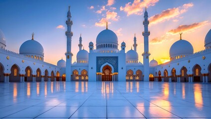 Obraz premium Majestic white mosque at sunrise capturing architectural beauty