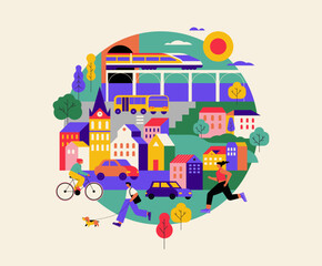 Colorful Urban Life Illustration. Modern Cityscape with People, Transportation, and Skyscrapers.