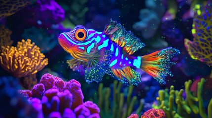 Obraz premium A vibrant mandarinfish illuminated by bioluminescent coral, swimming in a neon-hued underwater fantasy world, glowing with psychedelic colors, 3D illustration