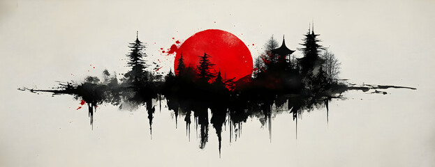 Asian landscape sunset, ink art