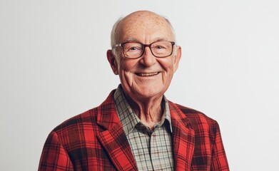 Fototapeta premium An elderly Asian man with gentle smile stands against solid gray background, embodying inner peace, happiness. His calm expression, relaxed posture capture naturally serene moment.