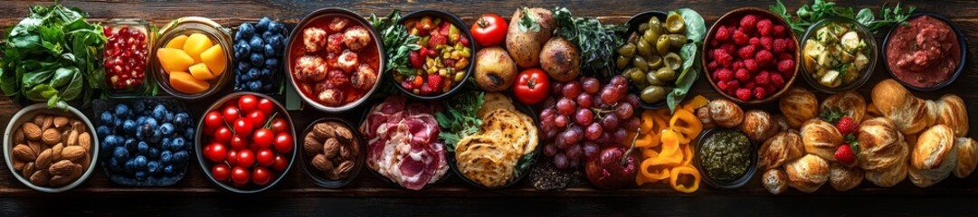 Colorful Summer Table Spread with Fruits Salads and Meats. Generative AI