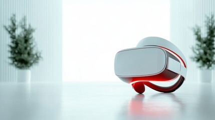 An eye-catching futuristic virtual reality device sits in a bright, minimal area, reflecting progress and the exciting possibilities of virtual experiences.