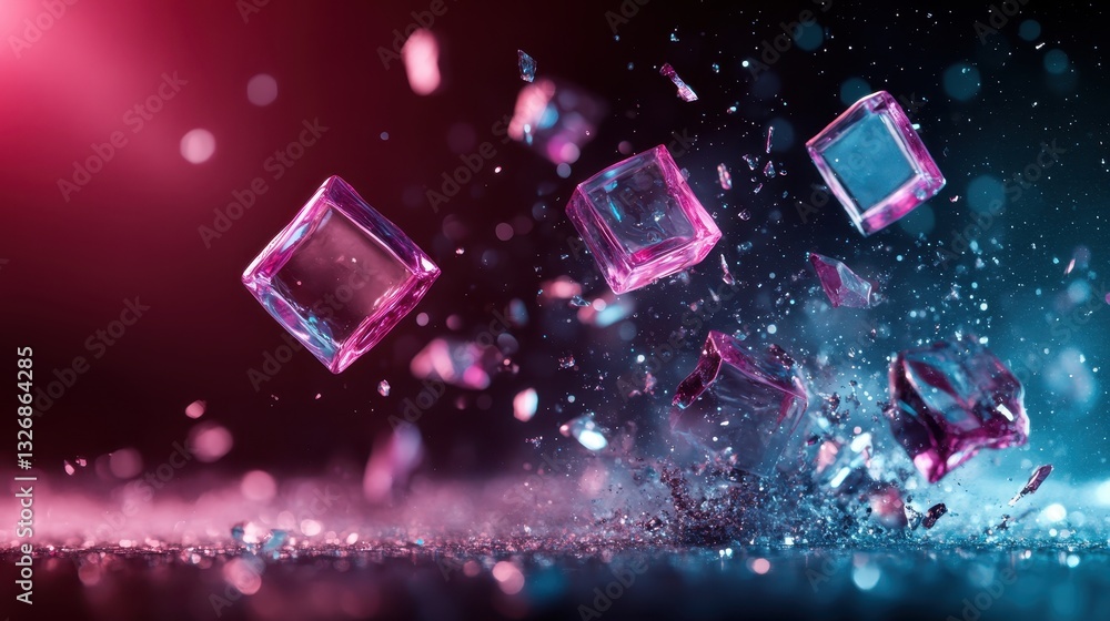Poster a visually rich image depicting ice cubes bursting into dazzling light, creating a psychedelic effec